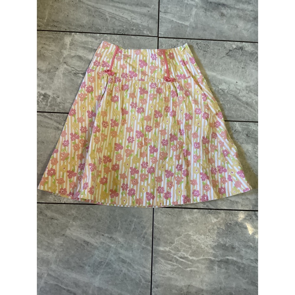 ELEVENSES Women's Size 2 Yellow Pink Floral Stripe A-Line Skirt Cotton Blend